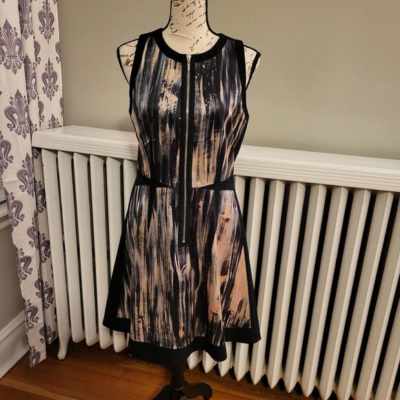 Rebecca Taylor Brushstroke Shift Dress, 100% Silk Panel, Blue Creme Black, Sz 4 - Picture 2 of 9